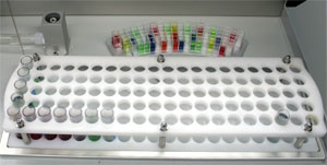 Closeup of Deck with test tube rack & Konelab Cuvette rack shown
