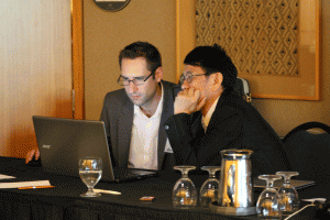 CEO of Aurora Biomed Dong Liang and Conference Coordinator Dr. Andrew Hegle busy planning for Guangzhou 2014 and Vancouver 2015. See you there!