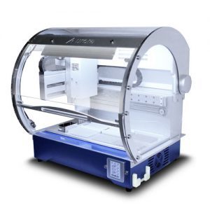 VERSA 10 with hood– Compact Automated Liquid Handling Workstation. This robotic liquid handler can conduce qPCR and PCR Set-up Sequencing Reaction Set-up Nucleic Acid Purification Microarray Spotting Immuno and Biochemical Assays Cell-Based Assays Environmental Sample Preparation General Liquid Handling – dilution, plate reformatting, and aliquoting. For 96 well plates and 384 well plates.