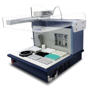 VERSA 110 with Safety Bar, This single-channel automated liquid handling platform with precise XYZ targeting, dual pump pipetting module, DNA and Cells. For 96 well plates and 384 well plates.