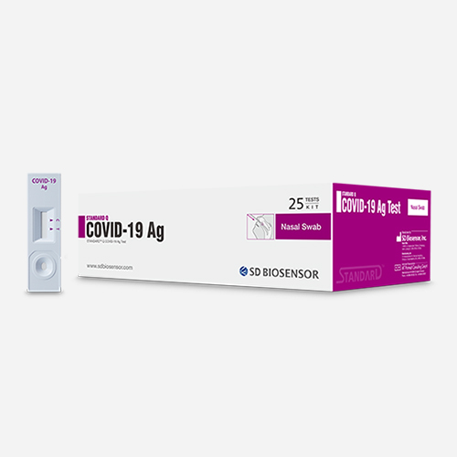 Rapid Antigen Test kit with white background. The Sd Biosensor Standard Q, SDSQ kit costs $275 for 25 tests/box. Approved by Health Canada for testing for COVID-19