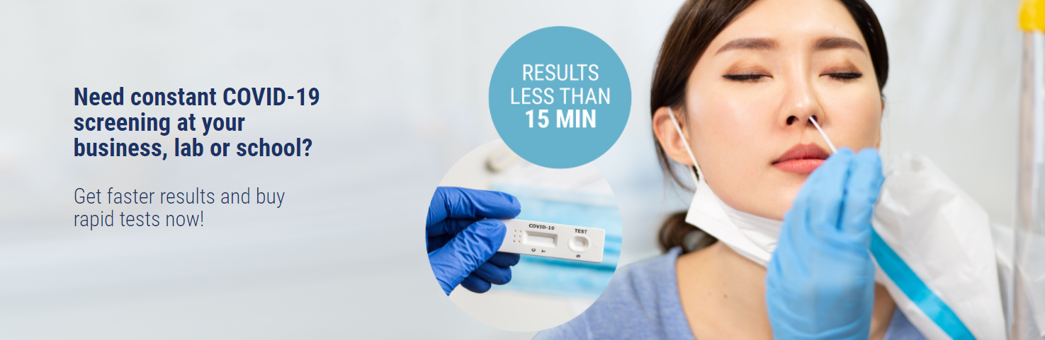 Woman being swabbed in nose for COVID-19. Rapid antigen test device shown. Results less than 15 minutes. Banner image. Text reads need constant COVID-19 screening at your business, lab, or school? Get faster results and buy rapid tests now!