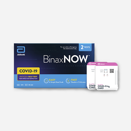 BinaxNow COVID-19 antigen self test. Kit includes items for 2 tests. COVID-19 Ag Card with QR code. Made by Abbott