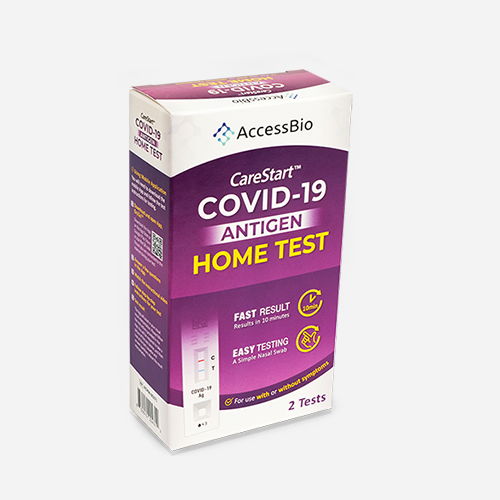 CareStart COVID-19 antigen home test by AccessBio. Kit includes 2 tests.