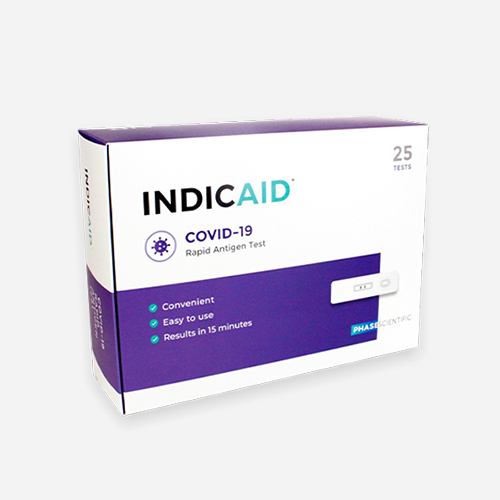 Indicaid COVID-19 rapid antigen test. Test kit includes items for 25 tests. Convenient, easy to use, get results in 15 minutes.