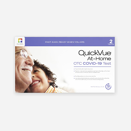 QuickVue at home OTC COVID-19 rapid test. Fast, Easy, ready when you are. This kit includes items for 2 tests. Get results in 10 minutes