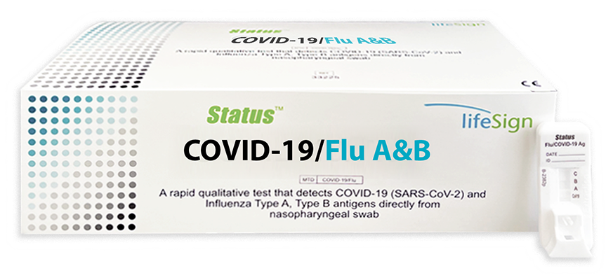 A photo of the rapid antigen test kit that can test for both COVID-19 and the flu. Status by lifesign med. Shows the box of the kit and the antigen device. The device will show a red band next to the letter C and another red band if the sample contains SARS-CoV-2, influenza A or influenza B.