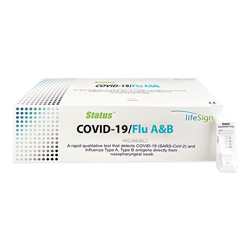 A photo of the rapid antigen test kit that can test for both COVID-19 and the flu. Status by lifesign med. Shows the box of the kit and the antigen device. The device will show a red band next to the letter C and another red band if the sample contains SARS-CoV-2, influenza A or influenza B.