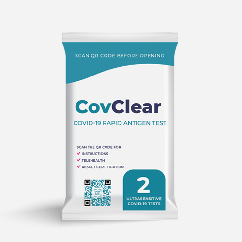 CovClear COVID-19 Rapid Antigen Test. This kit include items for 2 tests. Kit has a QR code on it that can be scanned for telehealth, instructions, and result certification. Make sure to scan the QR code before you open the kit.