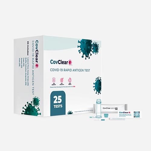 CovClear COVID-19 Rapid Antigen Test. This kit include items for 25 tests. Kit has a QR code on it that can be scanned for telehealth, instructions, and result certification. Make sure to scan the QR code before you open the kit.