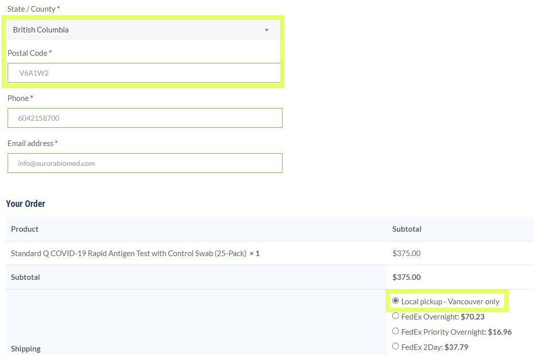 How to do a local curbside pickup at Aurora Biomed Inc. Great for COVID-19 rapid antigen tests in Vancouver BC Canada. No shipping cost when using the local pickup option for Vancouver only