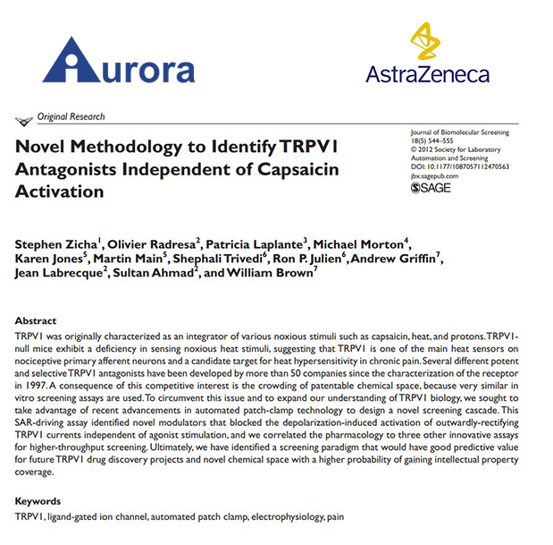 Novel methodology to identify TRPV1 antagonists independent of Capsaicin activation. Journal of Biomolecular screening. Stephen Zicha, Olivier Radresa, Patricia Laplante, Michael Morton, Karen Jones, Martin Main, Shepali Trivedi, Ron p. Julien, Andrew Griffin, Jean Labrecque, Sultan Ahmad, and William Brown