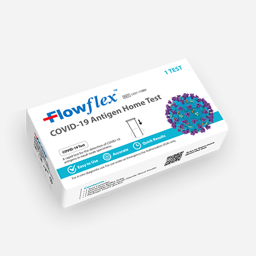 FlowFlex COVID-19 Antigen Home Test. The package advertises that the kit is easy to use, accurate, and has quick results. The kit is made by ACON labs inc. This kit is for one test.