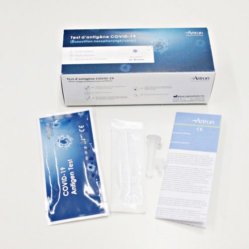 COVID-19 rapid antigen test kit made by Artron. The kit includes a swab. The swab can be nasal or nasopharyngeal swab. Instructions are included in the kit.