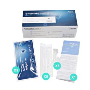 COVID-19 rapid antigen test kit made by Artron. The kit includes a swab. The swab can be nasal or nasopharyngeal swab. Instructions are included in the kit. This kit contains enough items for 5 tests.