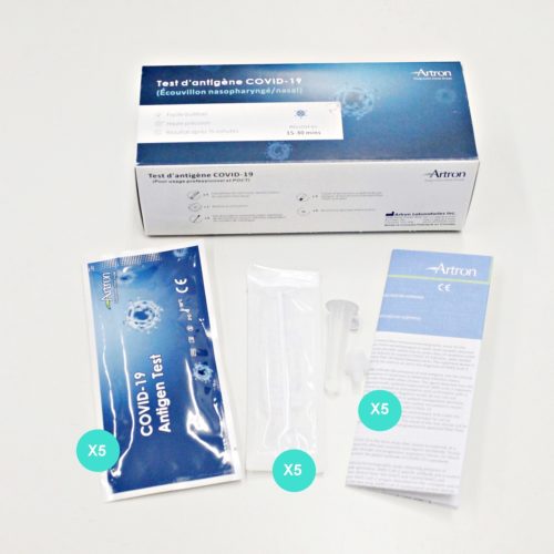 COVID-19 rapid antigen test kit made by Artron. The kit includes a swab. The swab can be nasal or nasopharyngeal swab. Instructions are included in the kit. This provides enough items for 5 tests.