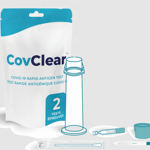 Rapid Antigen Test kit with white background. The CovClear kit costs $15 for 2-tests/pouch. Approved by Health Canada for testing for COVID-19