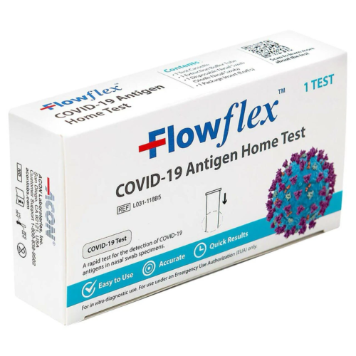 FlowFlex COVID-19 Antigen Home Test. The package advertises that the kit is easy to use, accurate, and has quick results. The kit is made by ACON labs inc. This kit is for one test.