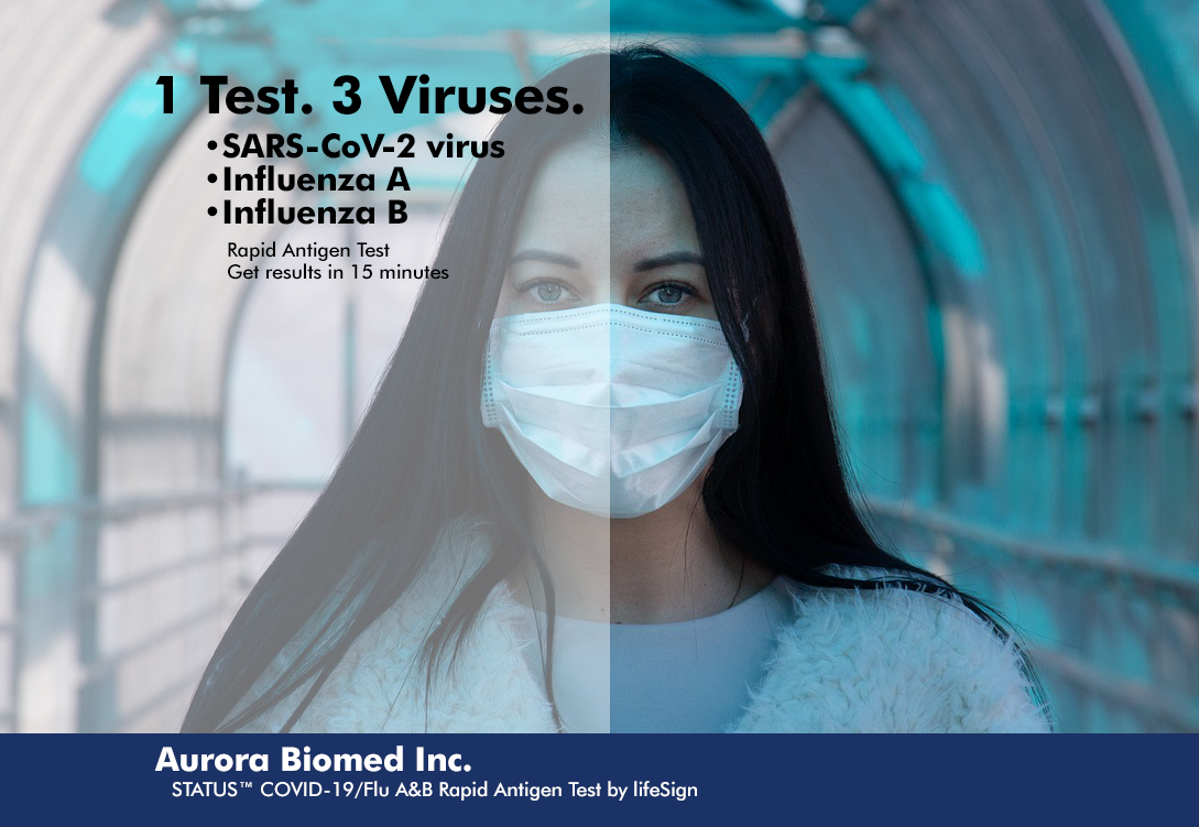 Status COVID-19 and flu rapid antigen test by lifeSign sold by Aurora Biomed Inc. Image created by William Vincent-Killian