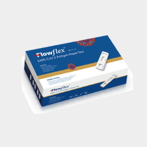 Flowflex SARS-CoV-2 Antigen Rapid test. The box shows a test device on the box. Antigen tests get results within minutes instead of hours.