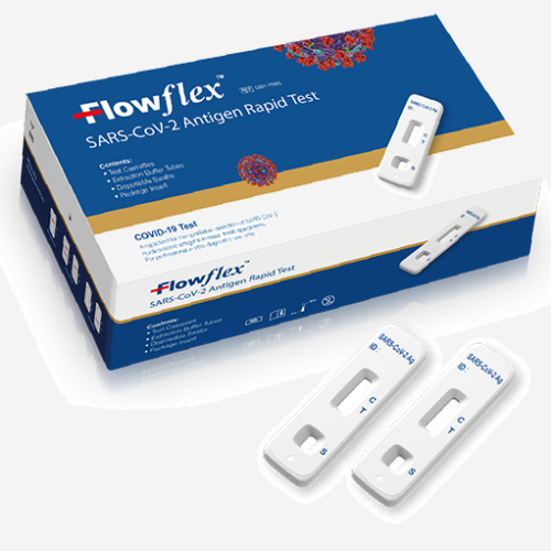 Flowflex SARS-CoV-2 Antigen Rapid test. The box shows a test device on the box. Antigen tests get results within minutes instead of hours.