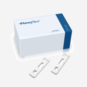 Flowflex SARS-CoV-2 Antigen Rapid test. The box shows a test device on the box. Antigen tests get results within minutes instead of hours.