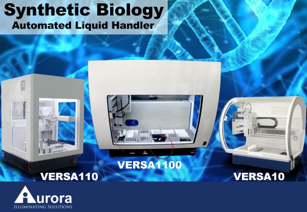 Synthetic Biology using a Aurora Biomed VERSA automated liquid handler. Genetic background with robotic liquid handler in the bottom right corner. Image created by William Vincent-Killian