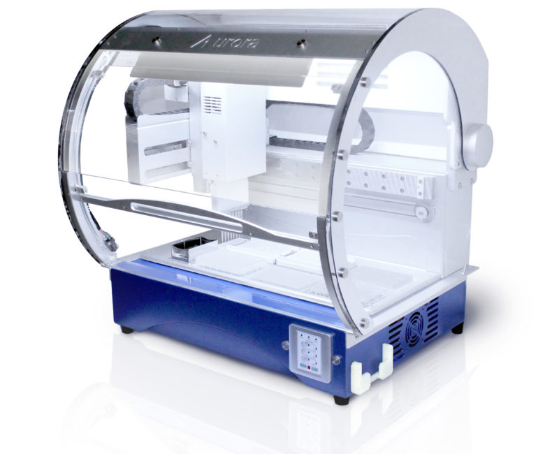 VERSA 10 with hood– Compact Automated Liquid Handling Workstation. This robotic liquid handler can conduce qPCR and PCR Set-up Sequencing Reaction Set-up Nucleic Acid Purification Microarray Spotting Immuno and Biochemical Assays Cell-Based Assays Environmental Sample Preparation General Liquid Handling – dilution, plate reformatting, and aliquoting. For 96 well plates and 384 well plates.