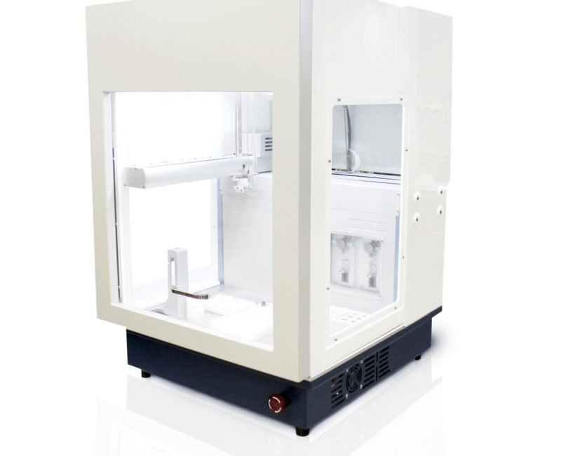 VERSA 110 with HEPA/UV/LED Hood – This single-channel automated liquid handling platform with precise XYZ targeting, dual pump pipetting module, DNA and Cells