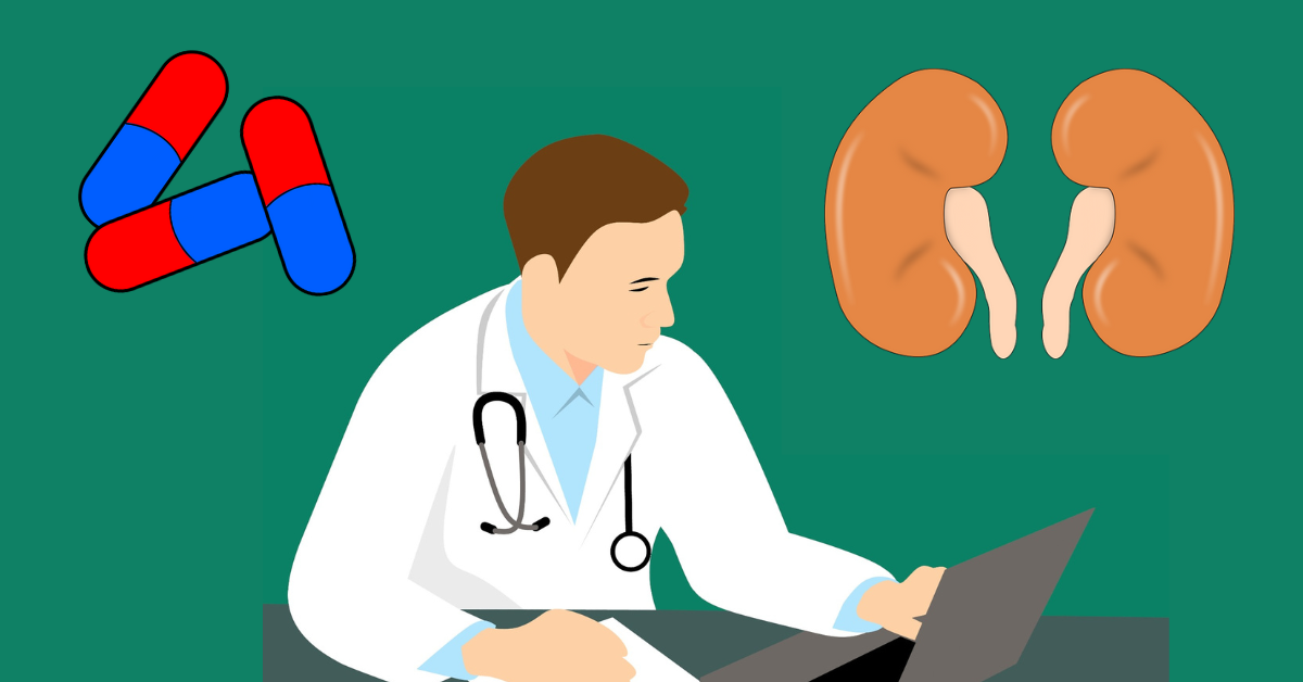 A cartoon of a doctor looking at a computer. Kidneys and durgs are in the background. This is to represent drug testing using urine samples. This process, drug testing can be automated.