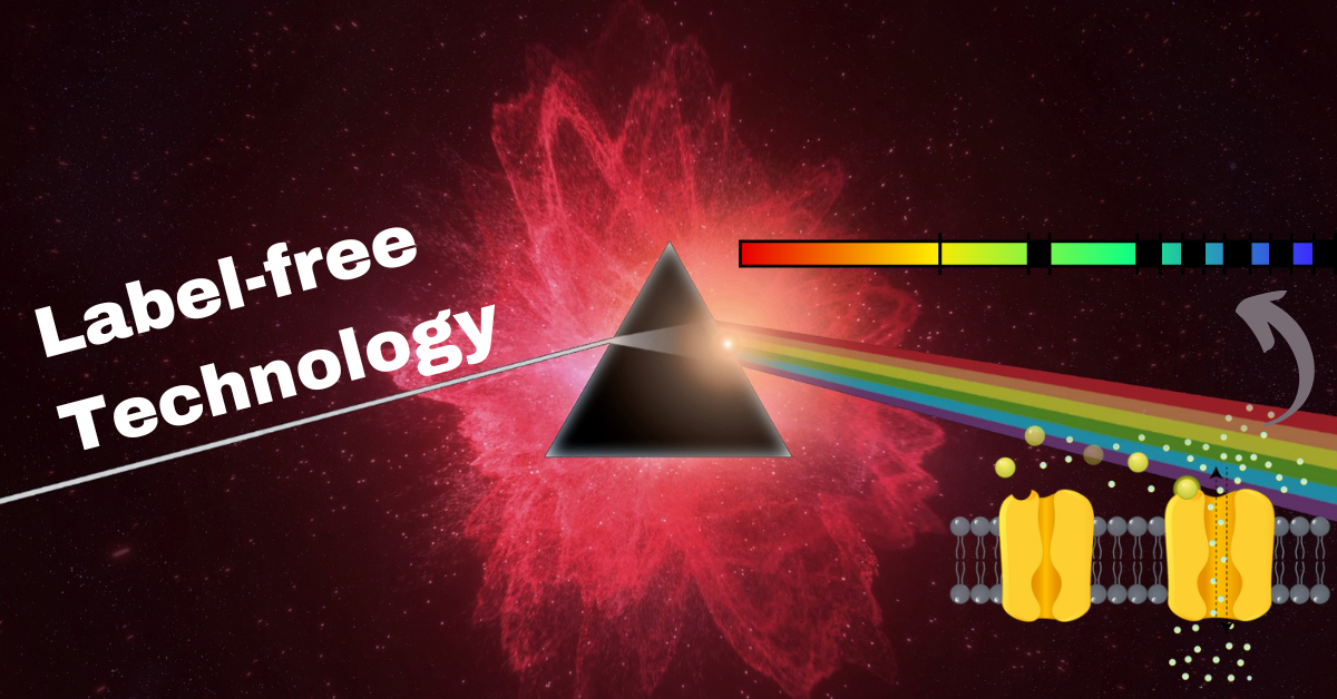 A light spectrum with ions from a channel protein that produce an absorbance band. This light that has gone through elements of an ion channel can then be identified. Text on the image says Label-free technology. The background is outerspace. Feature image from the blog post Ion channel label-free technology: What is it?