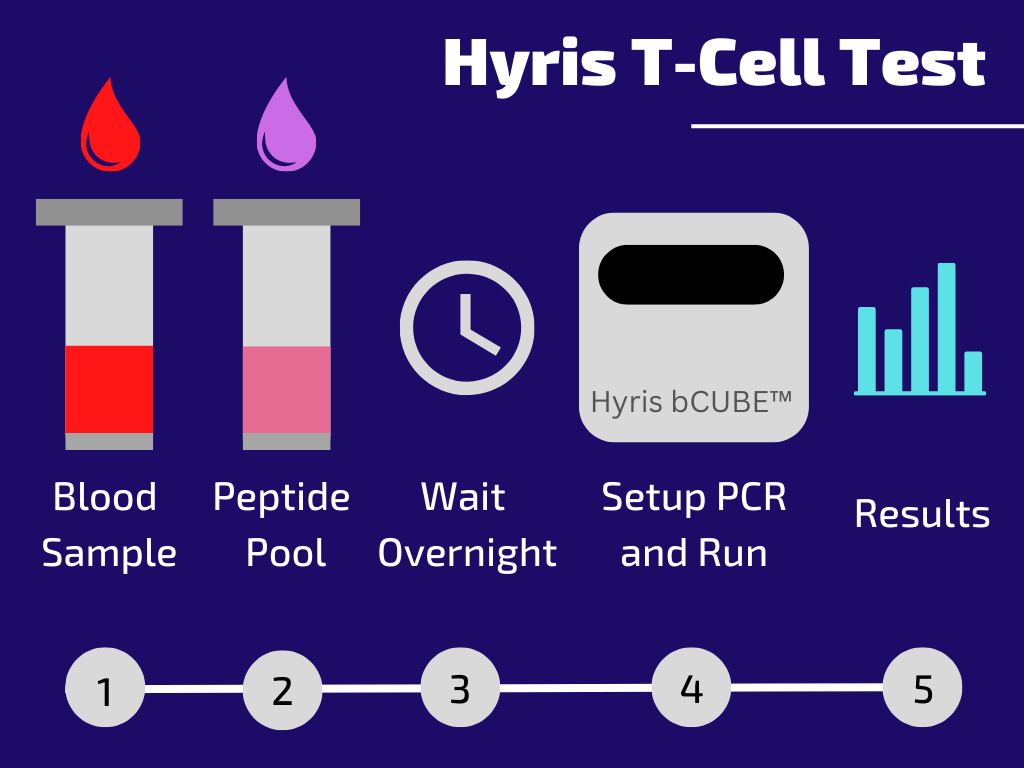Hyris T-cell test for COVID-19 vaccine effectiveness. The t-cell test measures the response to the SARS-CoV-2, the virus that causes COVID-19