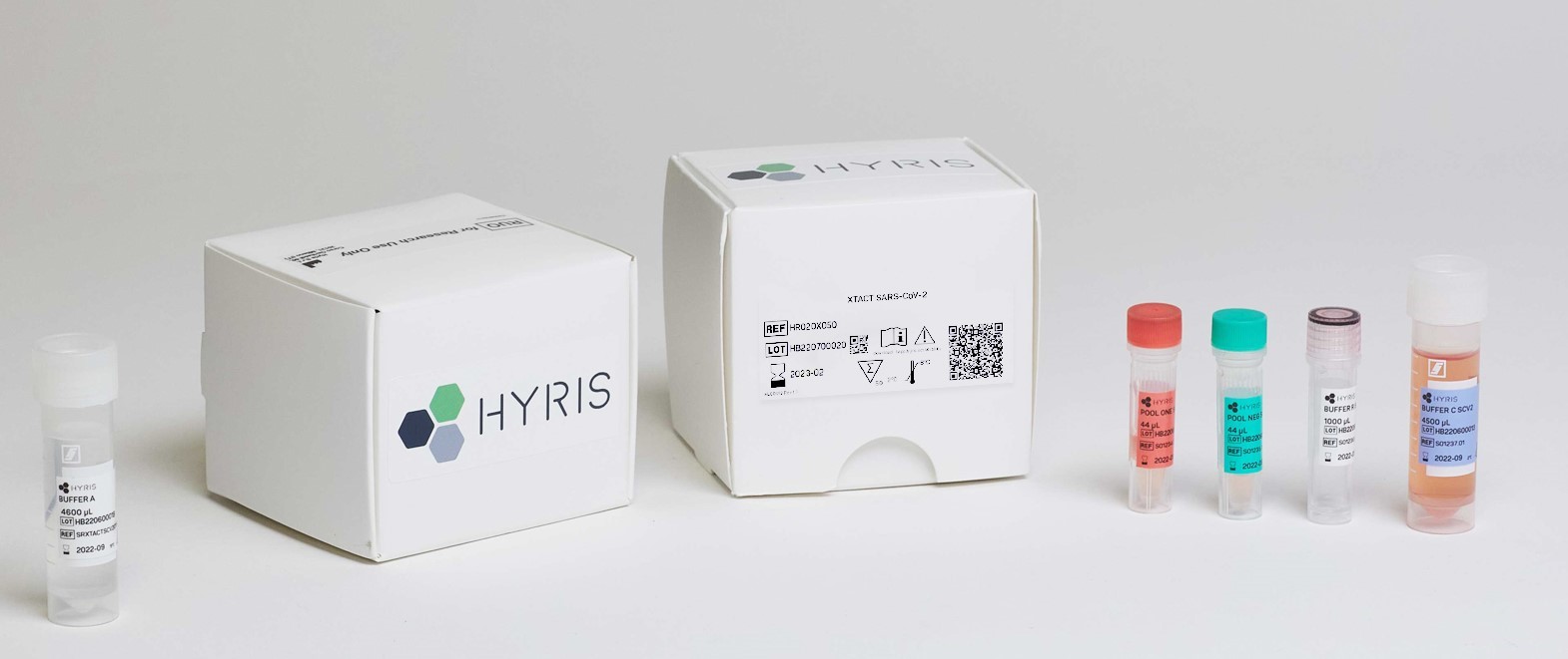 Hyris T-cell test kit. The kit is to measure the effectiveness of COVID-19 response in immune system. Used for COVID-19 vaccine research. T-cells are part of the immune system and if a person has been exposed to the SARS-Cov-2 virus or to the COVID-19 vaccine the body will develop a response. This response can be measured by real-time PCR of messager RNA. Photo shows the ingredients of the kit, including the peptide pool that reacts to the blood sample.
